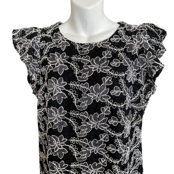 Ann Taylor Black White Sheath Dress Size 8 Tall Eyelit Floral Embroidered - Picture 2 of 8